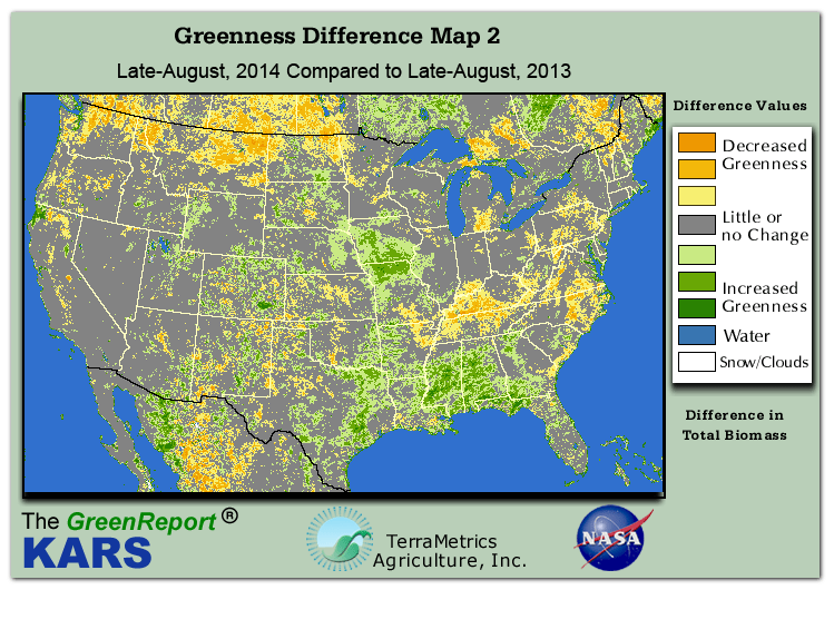 Color-coded U.S. vegetation greeness index map for Period 34 of 2014, illustrating spatial variations in plant vigor, with greener tones indicating higher biomass and browner tones indicating stressed vegetation,
              comparing current crop/vegetation change in biomass to same period from the previous year.