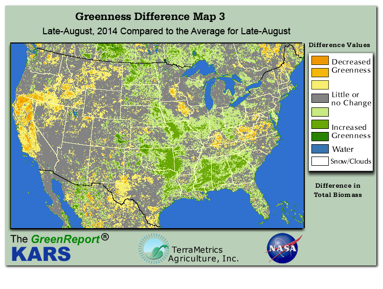 Color-coded U.S. vegetation greeness index map for Period 34 of 2014, illustrating spatial variations in plant vigor, with greener tones indicating higher biomass and browner tones indicating stressed vegetation,
              comparing current crop/vegetation change in biomass to the 20-year greenness average.