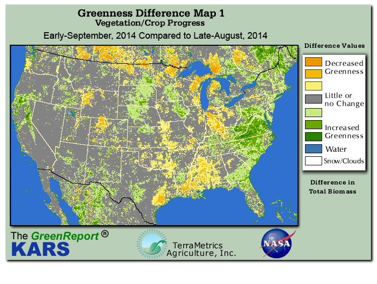 Color-coded U.S. vegetation greeness index map for Period 35 of 2014, illustrating spatial variations in plant vigor, with greener tones indicating higher biomass and browner tones indicating stressed vegetation,
              comparing current crop/vegetation change in biomass to the previous week within the same year.