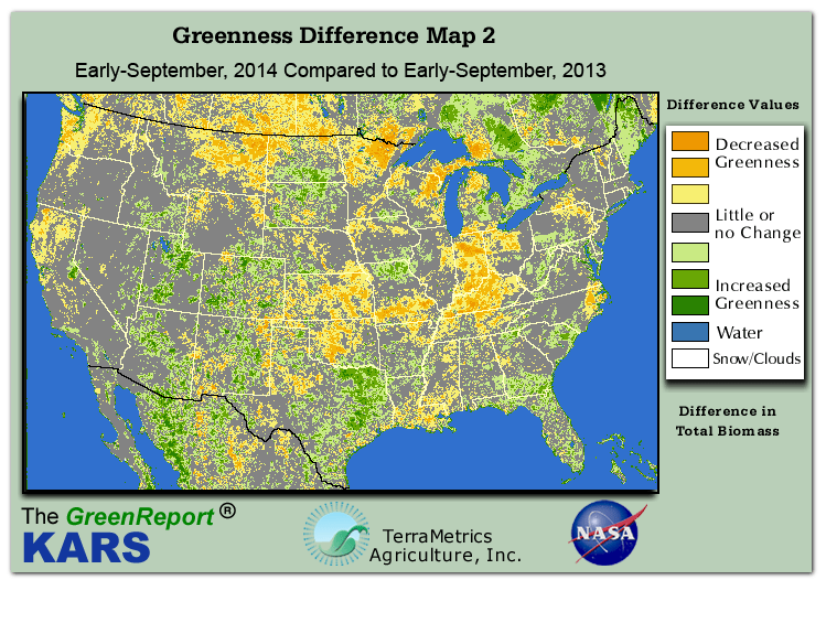 Color-coded U.S. vegetation greeness index map for Period 35 of 2014, illustrating spatial variations in plant vigor, with greener tones indicating higher biomass and browner tones indicating stressed vegetation,
              comparing current crop/vegetation change in biomass to same period from the previous year.
