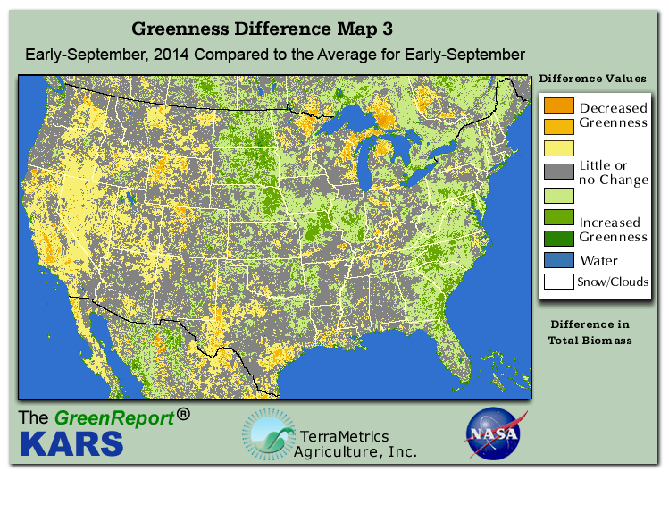Color-coded U.S. vegetation greeness index map for Period 35 of 2014, illustrating spatial variations in plant vigor, with greener tones indicating higher biomass and browner tones indicating stressed vegetation,
              comparing current crop/vegetation change in biomass to the 20-year greenness average.