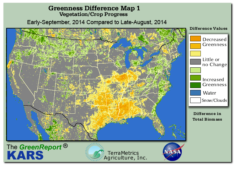 Color-coded U.S. vegetation greeness index map for Period 36 of 2014, illustrating spatial variations in plant vigor, with greener tones indicating higher biomass and browner tones indicating stressed vegetation,
              comparing current crop/vegetation change in biomass to the previous week within the same year.
