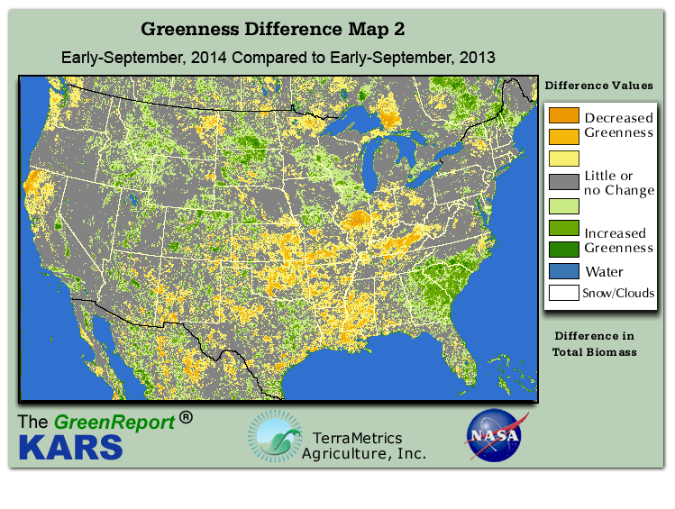 Color-coded U.S. vegetation greeness index map for Period 36 of 2014, illustrating spatial variations in plant vigor, with greener tones indicating higher biomass and browner tones indicating stressed vegetation,
              comparing current crop/vegetation change in biomass to same period from the previous year.