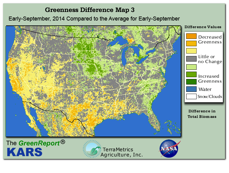 Color-coded U.S. vegetation greeness index map for Period 36 of 2014, illustrating spatial variations in plant vigor, with greener tones indicating higher biomass and browner tones indicating stressed vegetation,
              comparing current crop/vegetation change in biomass to the 20-year greenness average.