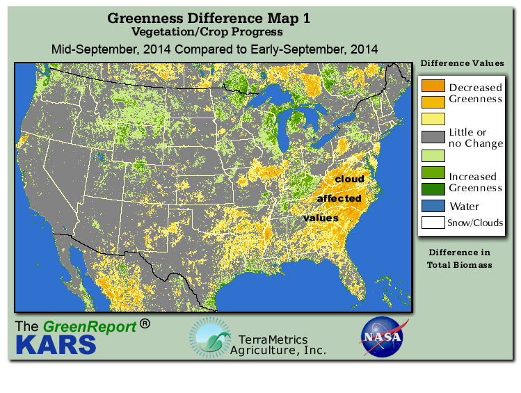 Color-coded U.S. vegetation greeness index map for Period 37 of 2014, illustrating spatial variations in plant vigor, with greener tones indicating higher biomass and browner tones indicating stressed vegetation,
              comparing current crop/vegetation change in biomass to the previous week within the same year.