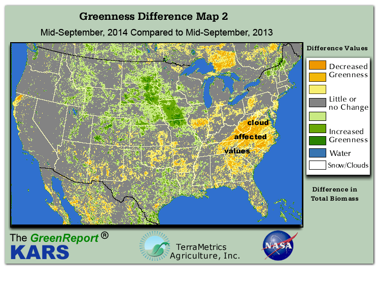 Color-coded U.S. vegetation greeness index map for Period 37 of 2014, illustrating spatial variations in plant vigor, with greener tones indicating higher biomass and browner tones indicating stressed vegetation,
              comparing current crop/vegetation change in biomass to same period from the previous year.
