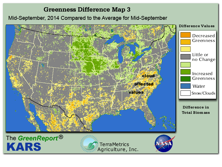 Color-coded U.S. vegetation greeness index map for Period 37 of 2014, illustrating spatial variations in plant vigor, with greener tones indicating higher biomass and browner tones indicating stressed vegetation,
              comparing current crop/vegetation change in biomass to the 20-year greenness average.