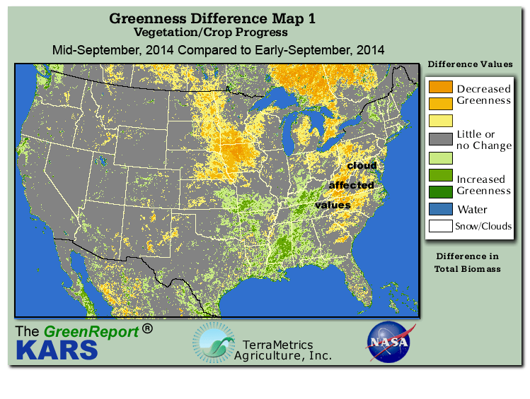 Color-coded U.S. vegetation greeness index map for Period 38 of 2014, illustrating spatial variations in plant vigor, with greener tones indicating higher biomass and browner tones indicating stressed vegetation,
              comparing current crop/vegetation change in biomass to the previous week within the same year.