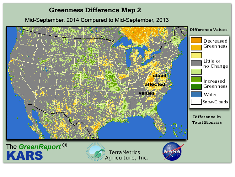 Color-coded U.S. vegetation greeness index map for Period 38 of 2014, illustrating spatial variations in plant vigor, with greener tones indicating higher biomass and browner tones indicating stressed vegetation,
              comparing current crop/vegetation change in biomass to same period from the previous year.