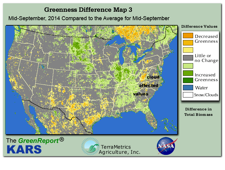 Color-coded U.S. vegetation greeness index map for Period 38 of 2014, illustrating spatial variations in plant vigor, with greener tones indicating higher biomass and browner tones indicating stressed vegetation,
              comparing current crop/vegetation change in biomass to the 20-year greenness average.