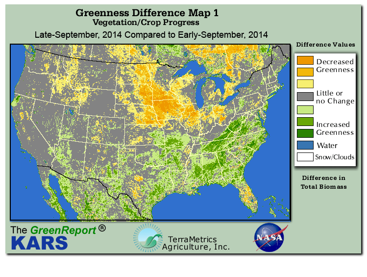 Color-coded U.S. vegetation greeness index map for Period 39 of 2014, illustrating spatial variations in plant vigor, with greener tones indicating higher biomass and browner tones indicating stressed vegetation,
              comparing current crop/vegetation change in biomass to the previous week within the same year.