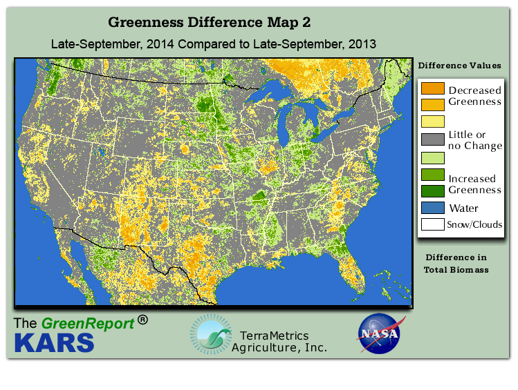 Color-coded U.S. vegetation greeness index map for Period 39 of 2014, illustrating spatial variations in plant vigor, with greener tones indicating higher biomass and browner tones indicating stressed vegetation,
              comparing current crop/vegetation change in biomass to same period from the previous year.