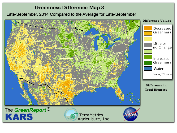 Color-coded U.S. vegetation greeness index map for Period 39 of 2014, illustrating spatial variations in plant vigor, with greener tones indicating higher biomass and browner tones indicating stressed vegetation,
              comparing current crop/vegetation change in biomass to the 20-year greenness average.