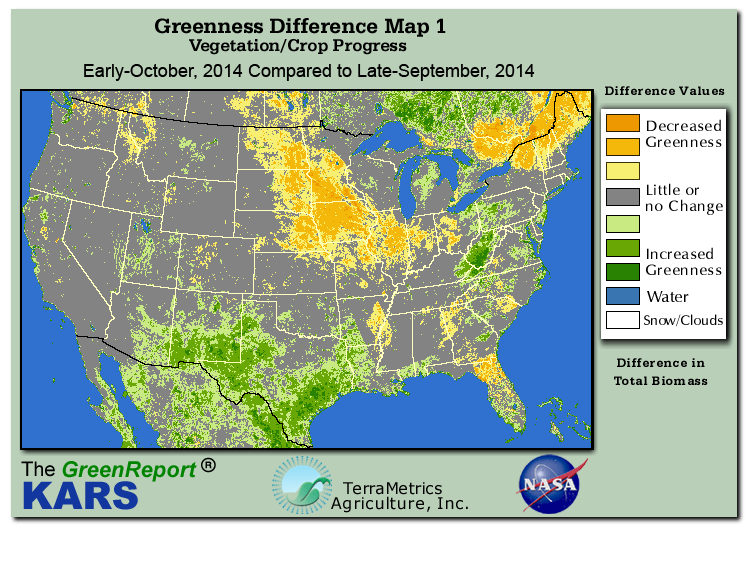 Color-coded U.S. vegetation greeness index map for Period 40 of 2014, illustrating spatial variations in plant vigor, with greener tones indicating higher biomass and browner tones indicating stressed vegetation,
              comparing current crop/vegetation change in biomass to the previous week within the same year.