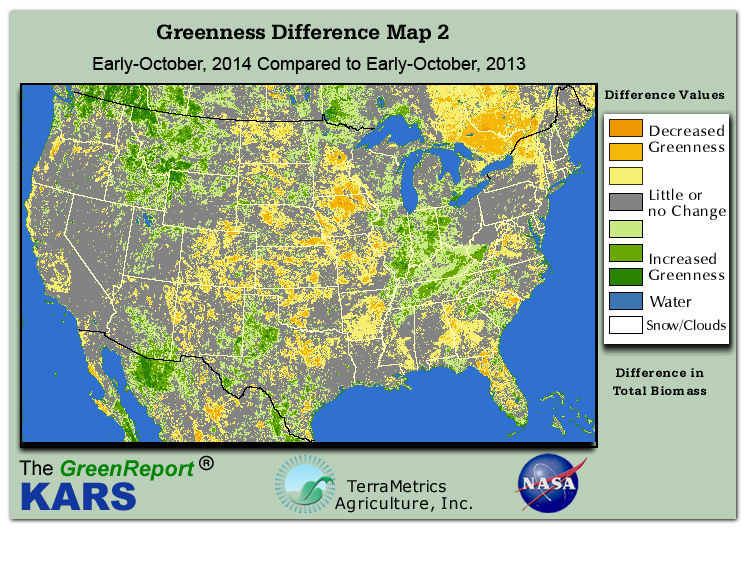 Color-coded U.S. vegetation greeness index map for Period 40 of 2014, illustrating spatial variations in plant vigor, with greener tones indicating higher biomass and browner tones indicating stressed vegetation,
              comparing current crop/vegetation change in biomass to same period from the previous year.