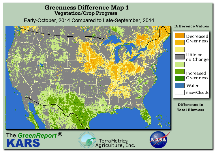 Color-coded U.S. vegetation greeness index map for Period 41 of 2014, illustrating spatial variations in plant vigor, with greener tones indicating higher biomass and browner tones indicating stressed vegetation,
              comparing current crop/vegetation change in biomass to the previous week within the same year.