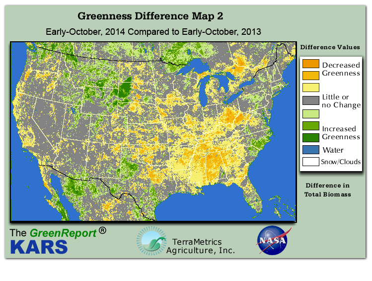 Color-coded U.S. vegetation greeness index map for Period 41 of 2014, illustrating spatial variations in plant vigor, with greener tones indicating higher biomass and browner tones indicating stressed vegetation,
              comparing current crop/vegetation change in biomass to same period from the previous year.