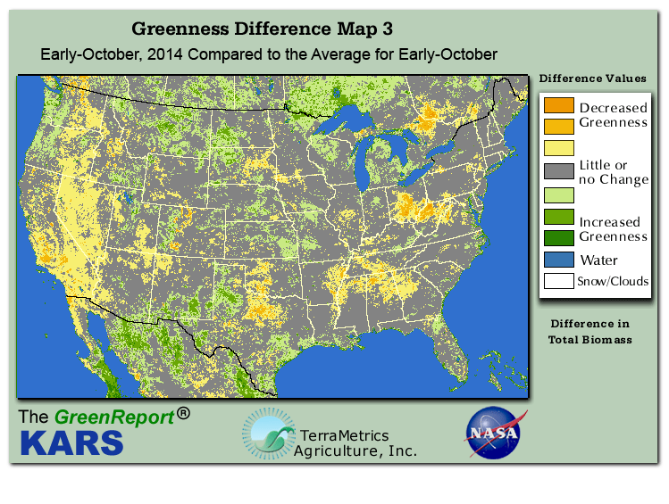 Color-coded U.S. vegetation greeness index map for Period 41 of 2014, illustrating spatial variations in plant vigor, with greener tones indicating higher biomass and browner tones indicating stressed vegetation,
              comparing current crop/vegetation change in biomass to the 20-year greenness average.
