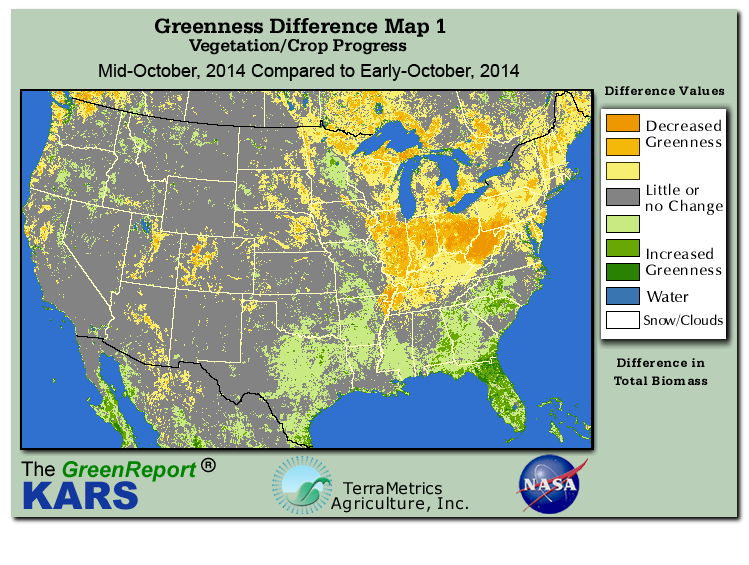 Color-coded U.S. vegetation greeness index map for Period 42 of 2014, illustrating spatial variations in plant vigor, with greener tones indicating higher biomass and browner tones indicating stressed vegetation,
              comparing current crop/vegetation change in biomass to the previous week within the same year.
