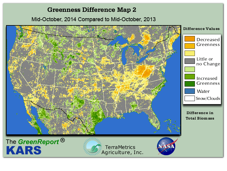 Color-coded U.S. vegetation greeness index map for Period 42 of 2014, illustrating spatial variations in plant vigor, with greener tones indicating higher biomass and browner tones indicating stressed vegetation,
              comparing current crop/vegetation change in biomass to same period from the previous year.