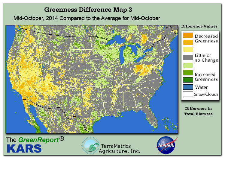 Color-coded U.S. vegetation greeness index map for Period 42 of 2014, illustrating spatial variations in plant vigor, with greener tones indicating higher biomass and browner tones indicating stressed vegetation,
              comparing current crop/vegetation change in biomass to the 20-year greenness average.