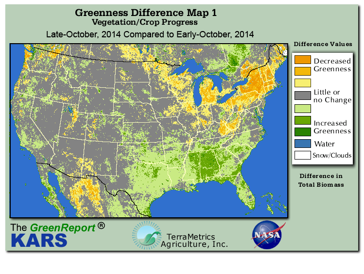 Color-coded U.S. vegetation greeness index map for Period 43 of 2014, illustrating spatial variations in plant vigor, with greener tones indicating higher biomass and browner tones indicating stressed vegetation,
              comparing current crop/vegetation change in biomass to the previous week within the same year.