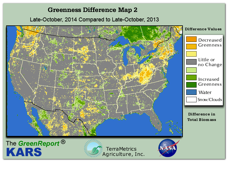 Color-coded U.S. vegetation greeness index map for Period 43 of 2014, illustrating spatial variations in plant vigor, with greener tones indicating higher biomass and browner tones indicating stressed vegetation,
              comparing current crop/vegetation change in biomass to same period from the previous year.