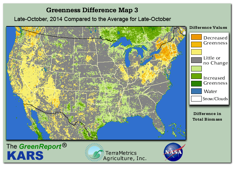 Color-coded U.S. vegetation greeness index map for Period 43 of 2014, illustrating spatial variations in plant vigor, with greener tones indicating higher biomass and browner tones indicating stressed vegetation,
              comparing current crop/vegetation change in biomass to the 20-year greenness average.