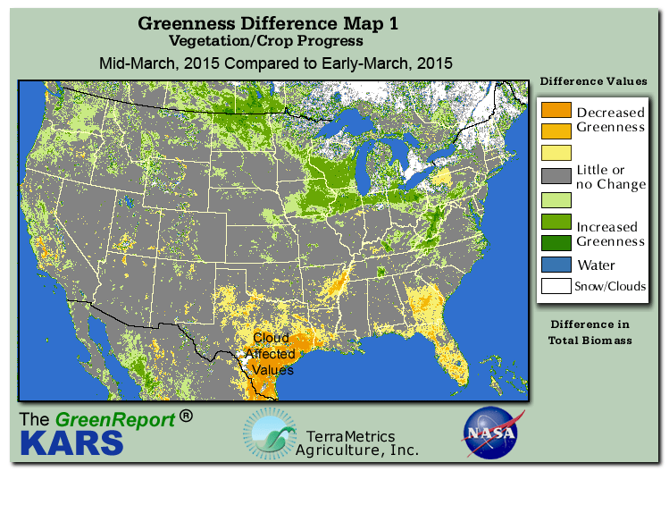 Color-coded U.S. vegetation greeness index map for Period 11 of 2015, illustrating spatial variations in plant vigor, with greener tones indicating higher biomass and browner tones indicating stressed vegetation,
              comparing current crop/vegetation change in biomass to the previous week within the same year.