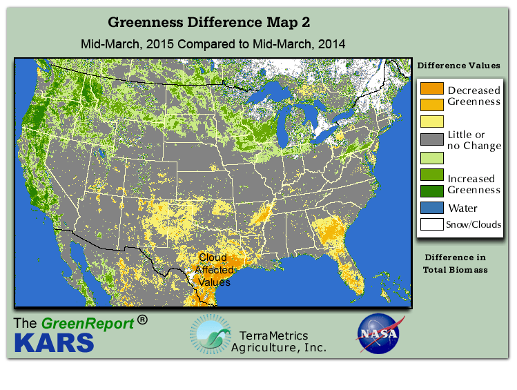 Color-coded U.S. vegetation greeness index map for Period 11 of 2015, illustrating spatial variations in plant vigor, with greener tones indicating higher biomass and browner tones indicating stressed vegetation,
              comparing current crop/vegetation change in biomass to same period from the previous year.