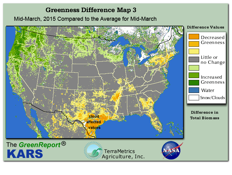 Color-coded U.S. vegetation greeness index map for Period 11 of 2015, illustrating spatial variations in plant vigor, with greener tones indicating higher biomass and browner tones indicating stressed vegetation,
              comparing current crop/vegetation change in biomass to the 20-year greenness average.