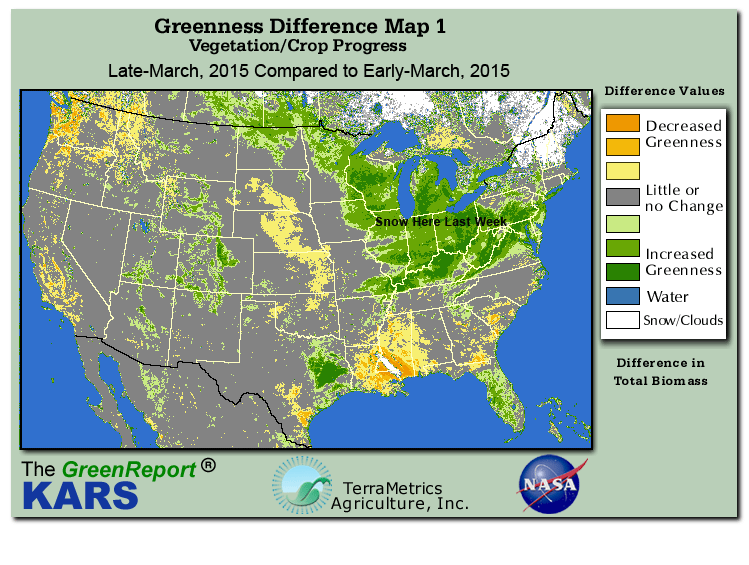 Color-coded U.S. vegetation greeness index map for Period 12 of 2015, illustrating spatial variations in plant vigor, with greener tones indicating higher biomass and browner tones indicating stressed vegetation,
              comparing current crop/vegetation change in biomass to the previous week within the same year.