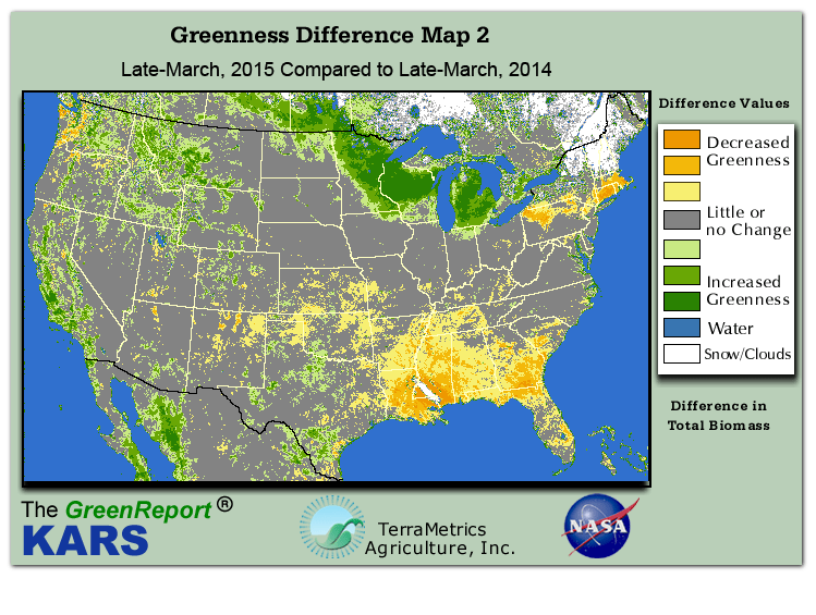 Color-coded U.S. vegetation greeness index map for Period 12 of 2015, illustrating spatial variations in plant vigor, with greener tones indicating higher biomass and browner tones indicating stressed vegetation,
              comparing current crop/vegetation change in biomass to same period from the previous year.