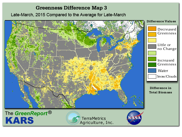 Color-coded U.S. vegetation greeness index map for Period 12 of 2015, illustrating spatial variations in plant vigor, with greener tones indicating higher biomass and browner tones indicating stressed vegetation,
              comparing current crop/vegetation change in biomass to the 20-year greenness average.