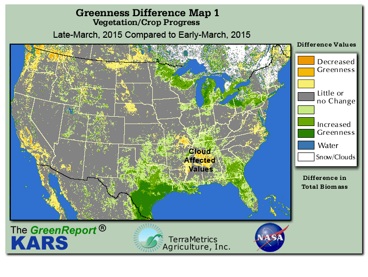 Color-coded U.S. vegetation greeness index map for Period 13 of 2015, illustrating spatial variations in plant vigor, with greener tones indicating higher biomass and browner tones indicating stressed vegetation,
              comparing current crop/vegetation change in biomass to the previous week within the same year.