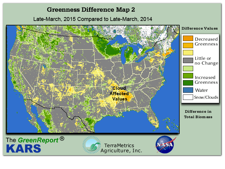 Color-coded U.S. vegetation greeness index map for Period 13 of 2015, illustrating spatial variations in plant vigor, with greener tones indicating higher biomass and browner tones indicating stressed vegetation,
              comparing current crop/vegetation change in biomass to same period from the previous year.