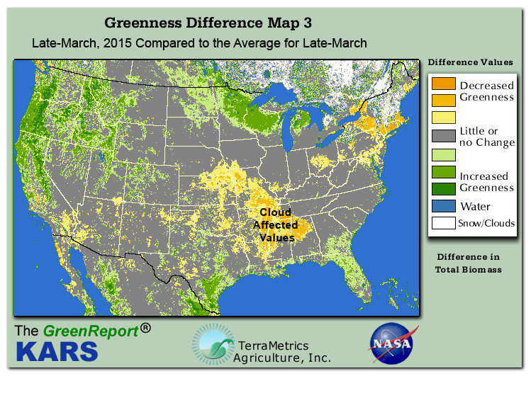 Color-coded U.S. vegetation greeness index map for Period 13 of 2015, illustrating spatial variations in plant vigor, with greener tones indicating higher biomass and browner tones indicating stressed vegetation,
              comparing current crop/vegetation change in biomass to the 20-year greenness average.