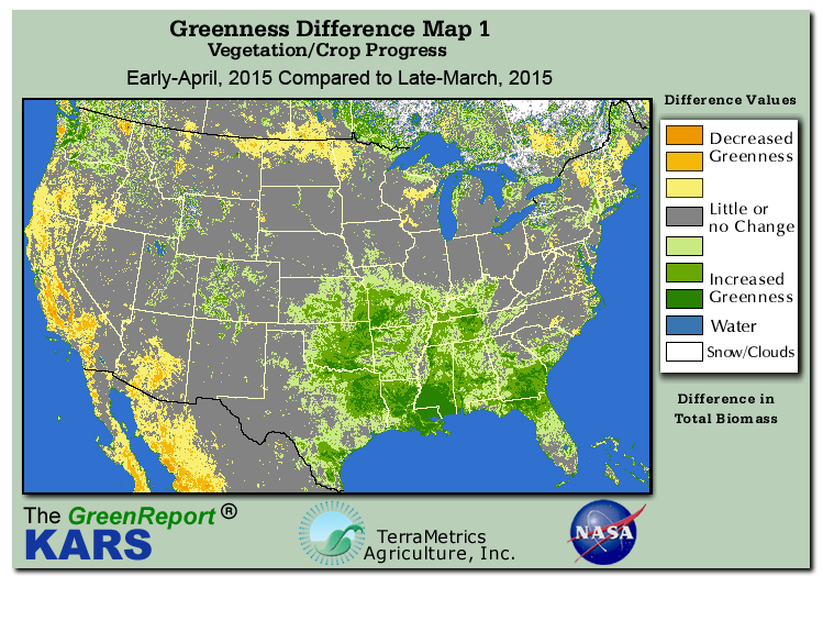 Color-coded U.S. vegetation greeness index map for Period 14 of 2015, illustrating spatial variations in plant vigor, with greener tones indicating higher biomass and browner tones indicating stressed vegetation,
              comparing current crop/vegetation change in biomass to the previous week within the same year.