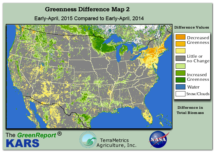 Color-coded U.S. vegetation greeness index map for Period 14 of 2015, illustrating spatial variations in plant vigor, with greener tones indicating higher biomass and browner tones indicating stressed vegetation,
              comparing current crop/vegetation change in biomass to same period from the previous year.