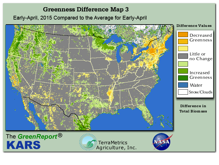 Color-coded U.S. vegetation greeness index map for Period 14 of 2015, illustrating spatial variations in plant vigor, with greener tones indicating higher biomass and browner tones indicating stressed vegetation,
              comparing current crop/vegetation change in biomass to the 20-year greenness average.