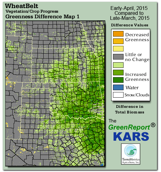 Color-coded Wheat Belt vegetation greeness index map for Period 14 of 2015, illustrating spatial variations in plant vigor, with greener tones indicating higher biomass and browner tones indicating stressed vegetation,
              comparing current crop/vegetation change in biomass to the previous week within the same year.