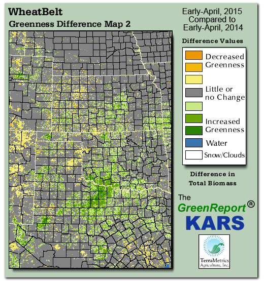 Color-coded Wheat Belt vegetation greeness index map for Period 14 of 2015, illustrating spatial variations in plant vigor, with greener tones indicating higher biomass and browner tones indicating stressed vegetation,
              comparing current crop/vegetation change in biomass to same period from the previous year.
