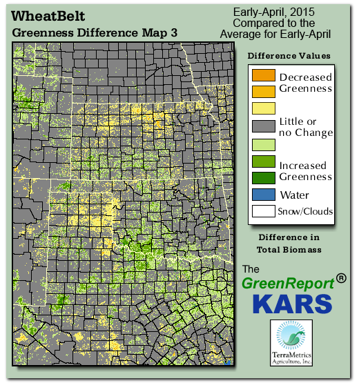 Color-coded Wheat Belt vegetation greeness index map for Period 14 of 2015, illustrating spatial variations in plant vigor, with greener tones indicating higher biomass and browner tones indicating stressed vegetation,
              comparing current crop/vegetation change in biomass to the 20-year greenness average.