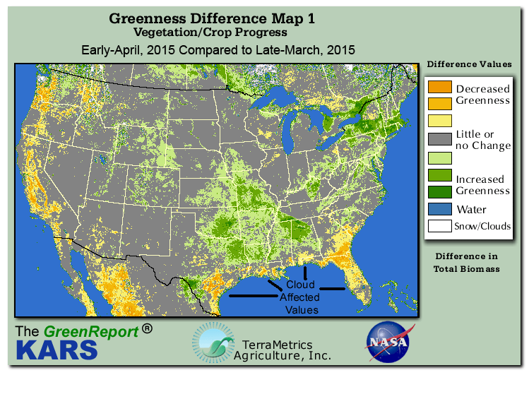 Color-coded U.S. vegetation greeness index map for Period 15 of 2015, illustrating spatial variations in plant vigor, with greener tones indicating higher biomass and browner tones indicating stressed vegetation,
              comparing current crop/vegetation change in biomass to the previous week within the same year.