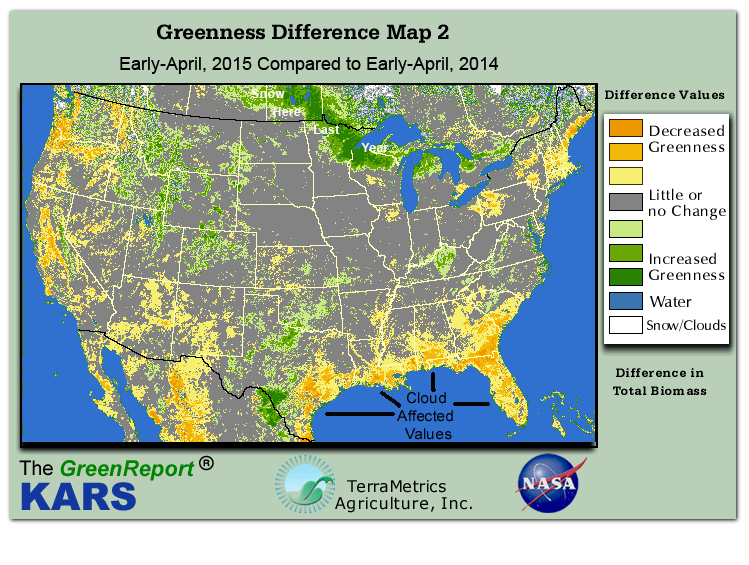 Color-coded U.S. vegetation greeness index map for Period 15 of 2015, illustrating spatial variations in plant vigor, with greener tones indicating higher biomass and browner tones indicating stressed vegetation,
              comparing current crop/vegetation change in biomass to same period from the previous year.
