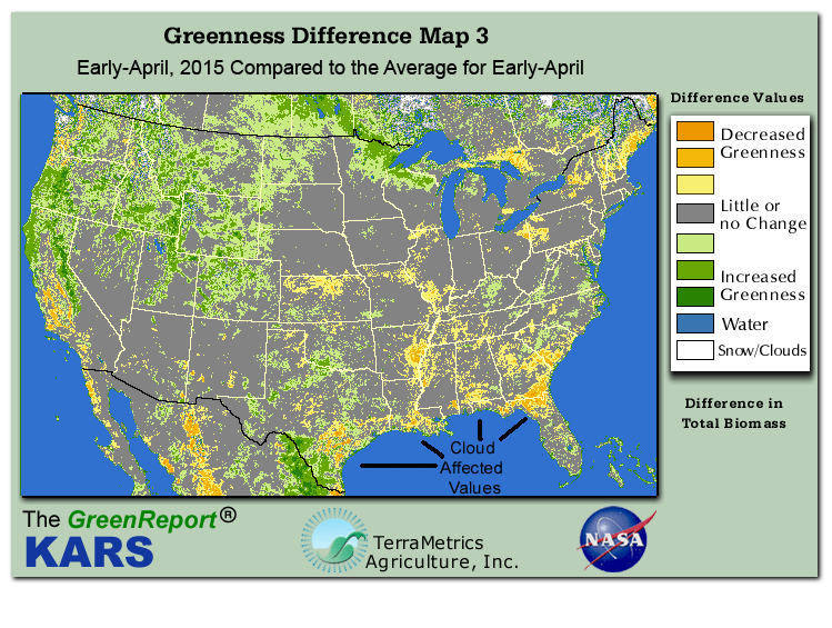 Color-coded U.S. vegetation greeness index map for Period 15 of 2015, illustrating spatial variations in plant vigor, with greener tones indicating higher biomass and browner tones indicating stressed vegetation,
              comparing current crop/vegetation change in biomass to the 20-year greenness average.
