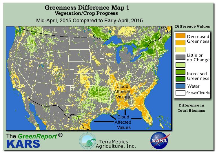 Color-coded U.S. vegetation greeness index map for Period 16 of 2015, illustrating spatial variations in plant vigor, with greener tones indicating higher biomass and browner tones indicating stressed vegetation,
              comparing current crop/vegetation change in biomass to the previous week within the same year.