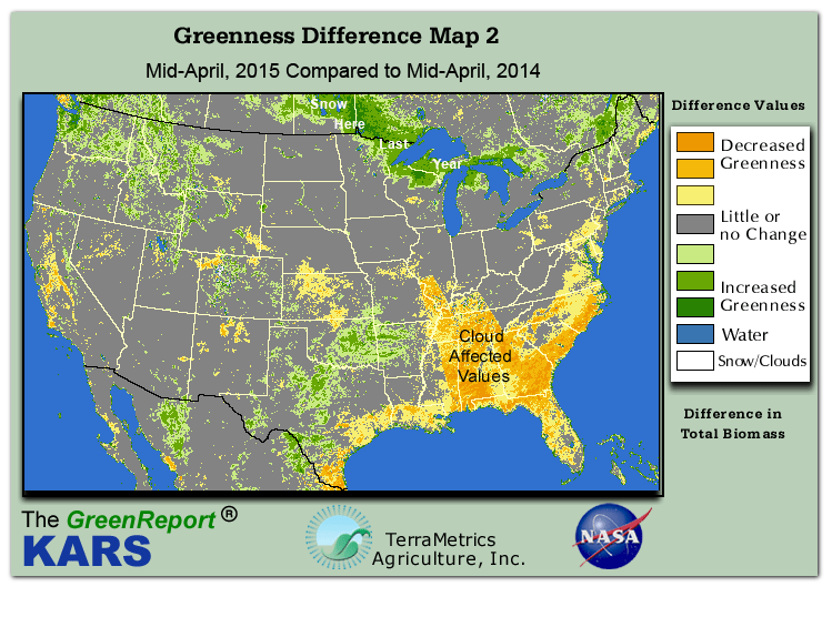 Color-coded U.S. vegetation greeness index map for Period 16 of 2015, illustrating spatial variations in plant vigor, with greener tones indicating higher biomass and browner tones indicating stressed vegetation,
              comparing current crop/vegetation change in biomass to same period from the previous year.