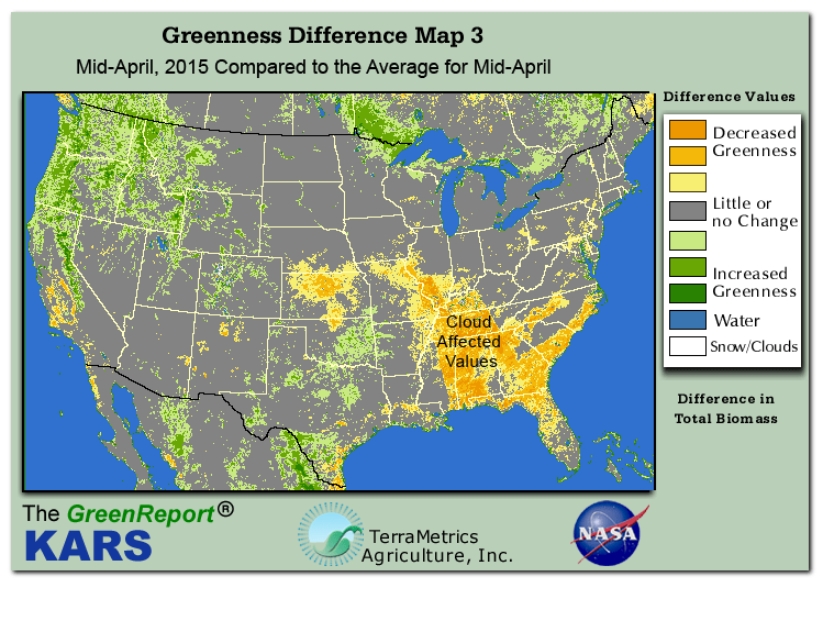 Color-coded U.S. vegetation greeness index map for Period 16 of 2015, illustrating spatial variations in plant vigor, with greener tones indicating higher biomass and browner tones indicating stressed vegetation,
              comparing current crop/vegetation change in biomass to the 20-year greenness average.