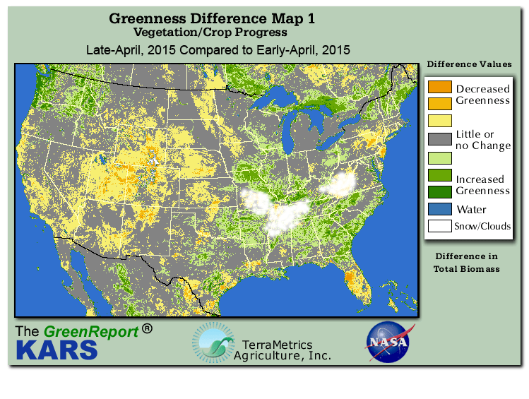 Color-coded U.S. vegetation greeness index map for Period 17 of 2015, illustrating spatial variations in plant vigor, with greener tones indicating higher biomass and browner tones indicating stressed vegetation,
              comparing current crop/vegetation change in biomass to the previous week within the same year.